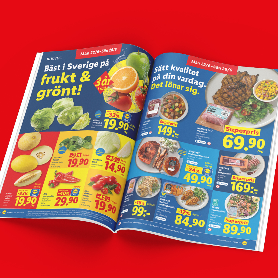 Lidl reklamblad med erbjudanden på frukt, grönsaker och köttprodukter.