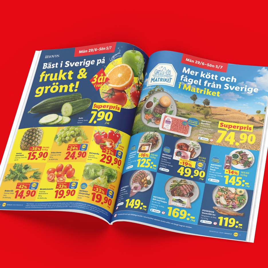 Ett uppslag med erbjudanden på frukt, grönt, kött och fisk, med fokus på svenska produkter.