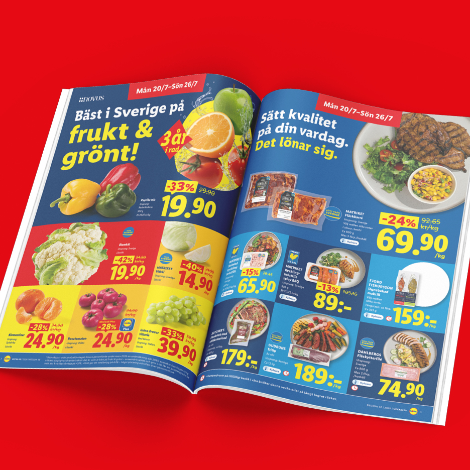 Ett reklamblad med erbjudanden på frukt, grönsaker och köttprodukter, med fokus på kvalitet och pris.