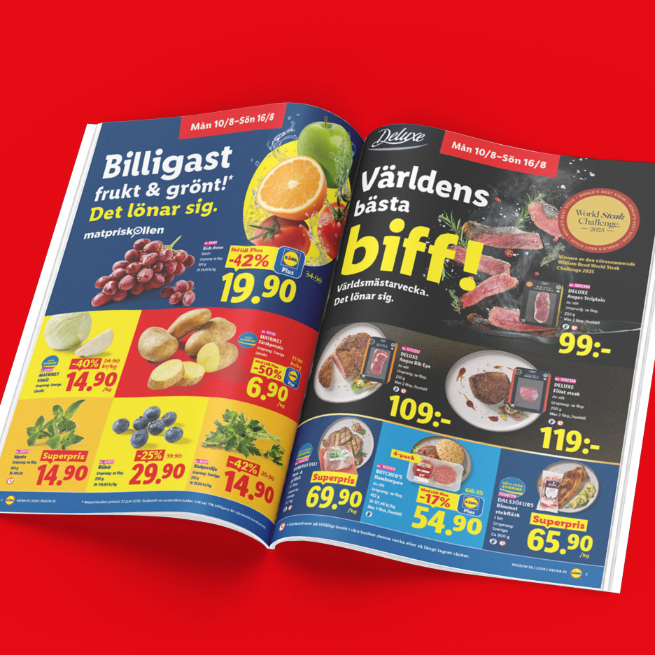 Reklamblad med erbjudanden på frukt, grönsaker och kött, inklusive biff och hamburgare.