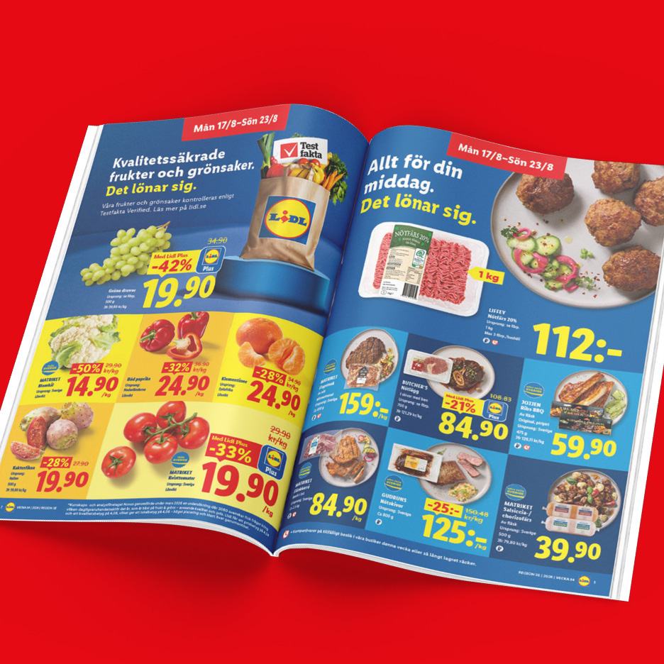 Kvalitetssäkrade frukter och grönsaker samt köttprodukter till kampanjpriser i en reklambroschyr.
