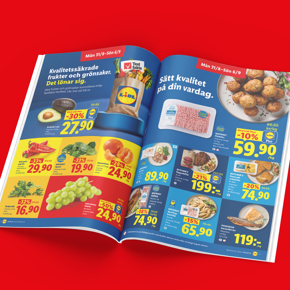 Ett uppslag med erbjudanden på frukt, grönsaker och köttprodukter, med fokus på kvalitet.