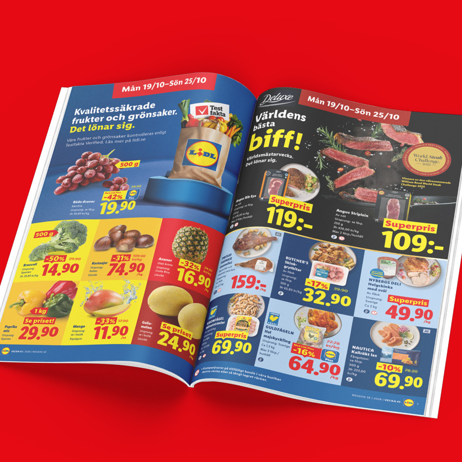 Ett reklamblad med erbjudanden på färskt kött, frukt och grönsaker.