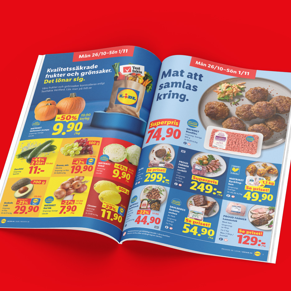 Ett reklamblad med erbjudanden på färska frukter, grönsaker och köttprodukter.