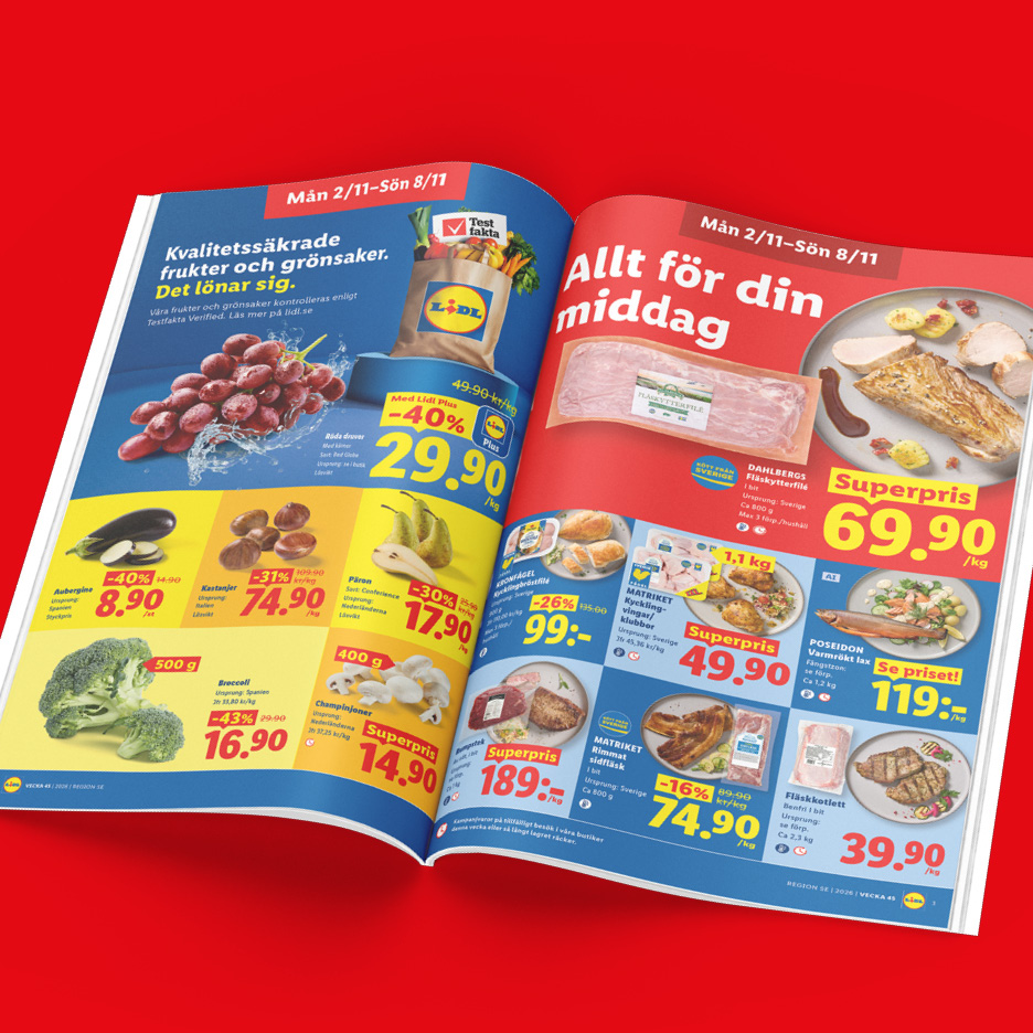 Ett reklamblad för livsmedel med frukt, grönsaker och köttprodukter till extrapriser.