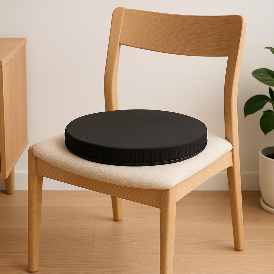 Svart rund sittdyna på en ljus trästol med beige klädd sits i ett rum med trägolv.