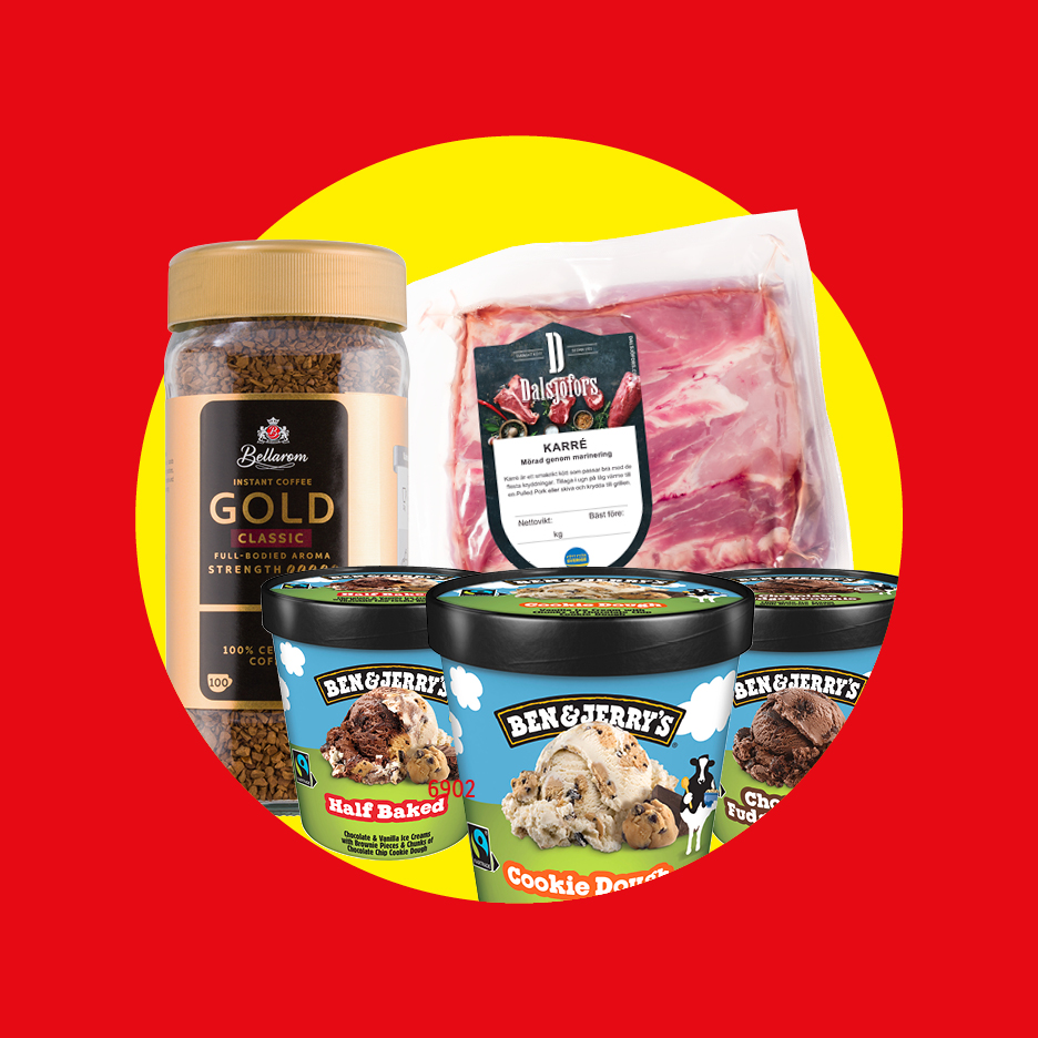 En burk snabbkaffe, ett paket marinerad fläskkarré och tre Ben & Jerry's glassar.