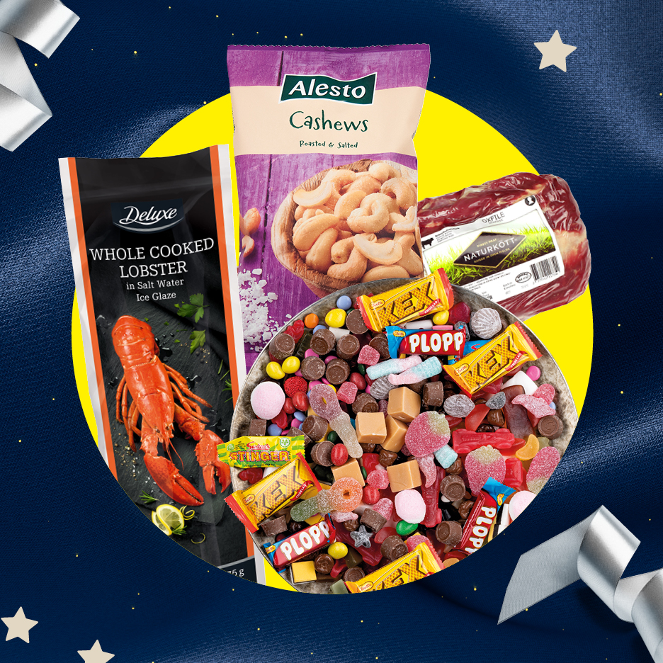 En bild med hummer, cashewnötter, kött och en skål med godis.