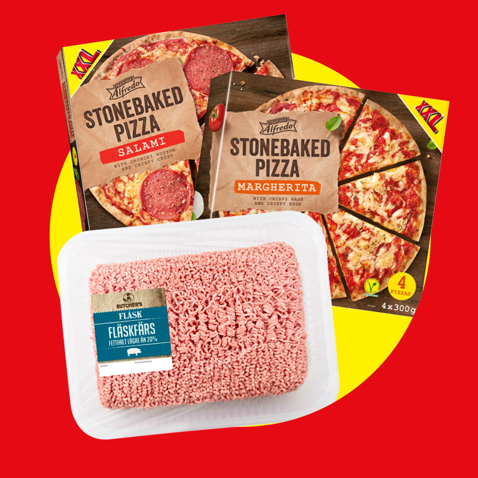 Alfredo stenugnsbakad pizza (salami och margherita) och Butchers fläskfärs.