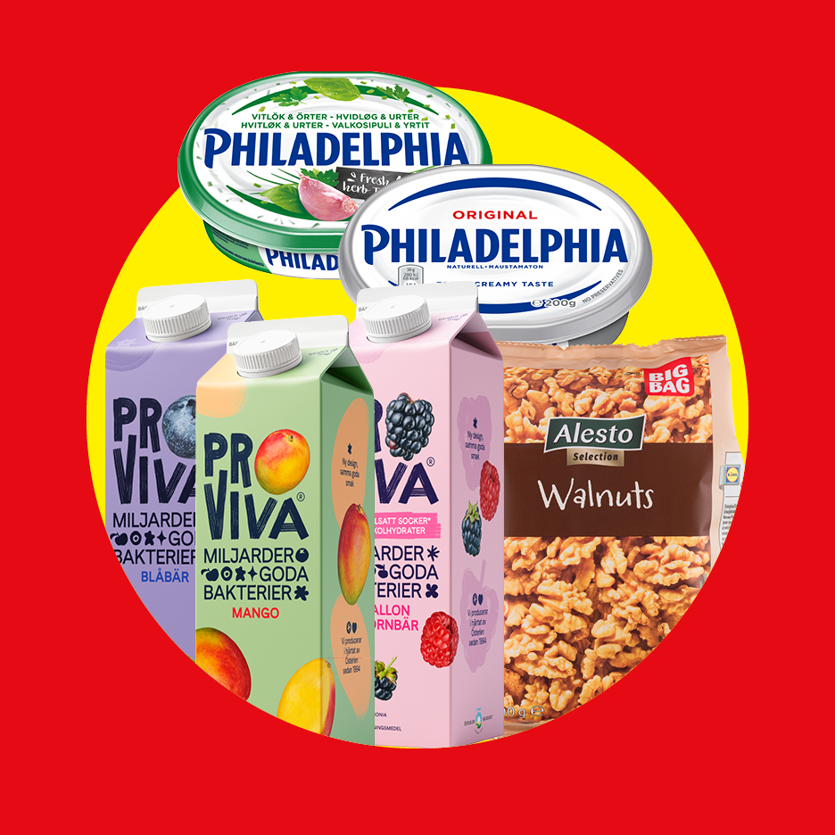 Philadelphia färskost, Proviva fruktdrycker och Alesto valnötter på röd och gul bakgrund.