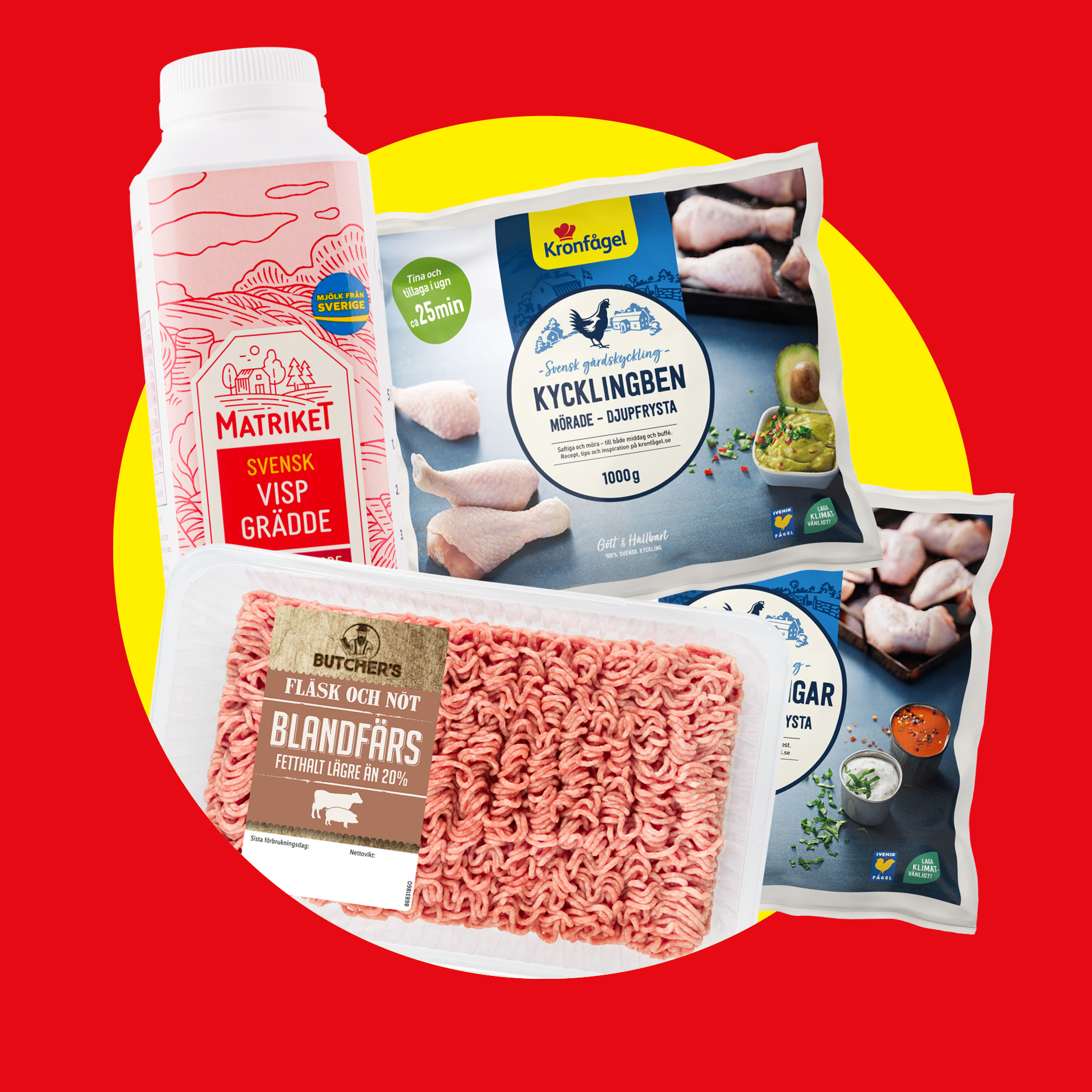 Matriket vispgrädde, Kronfågel kycklingben och Butchers blandfärs.