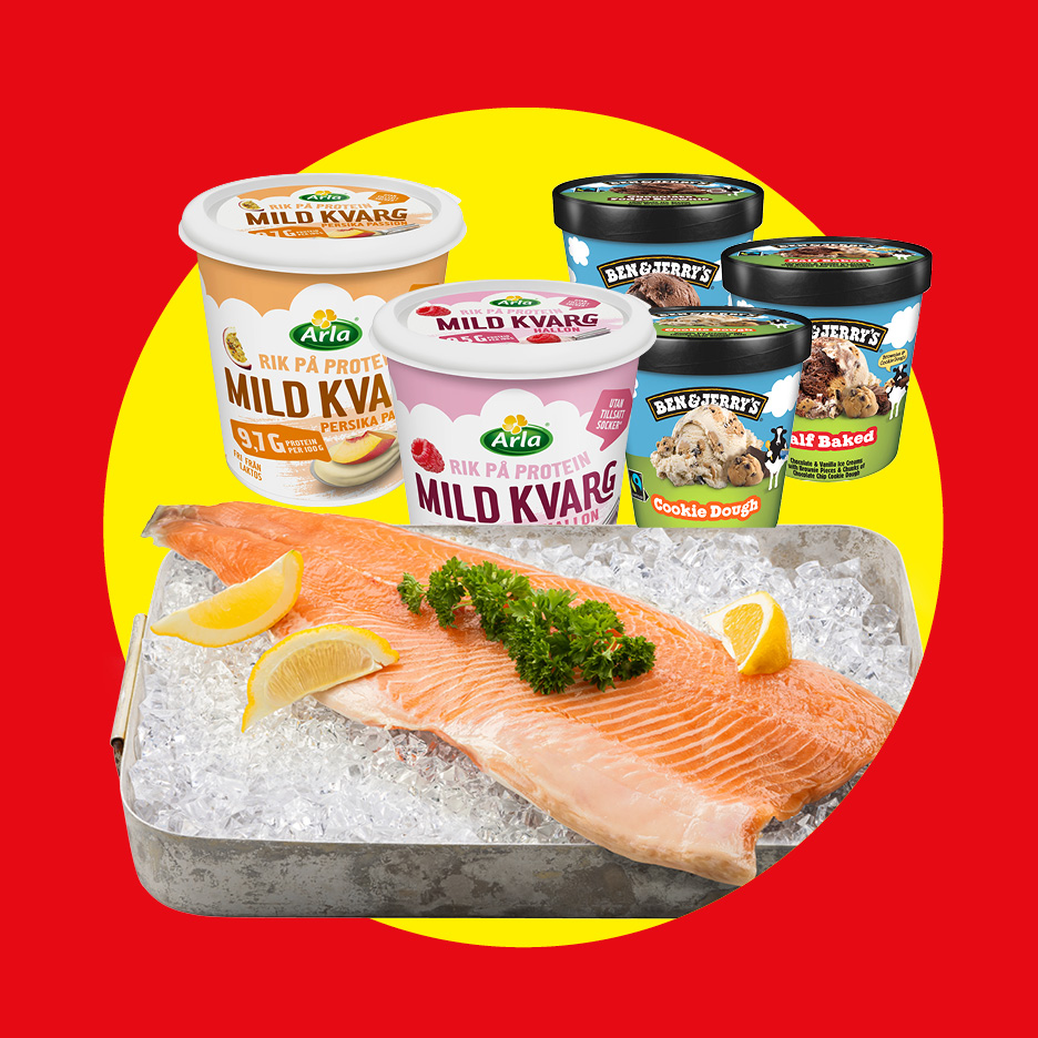 Laxfilé på is med citron och persilja, Arla Mild Kvarg och Ben & Jerry's glass.