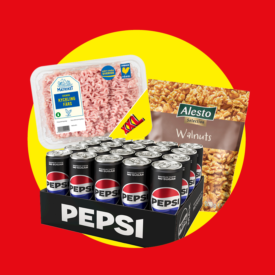 En förpackning kycklingfärs, en påse valnötter och ett flak sockerfri läsk.