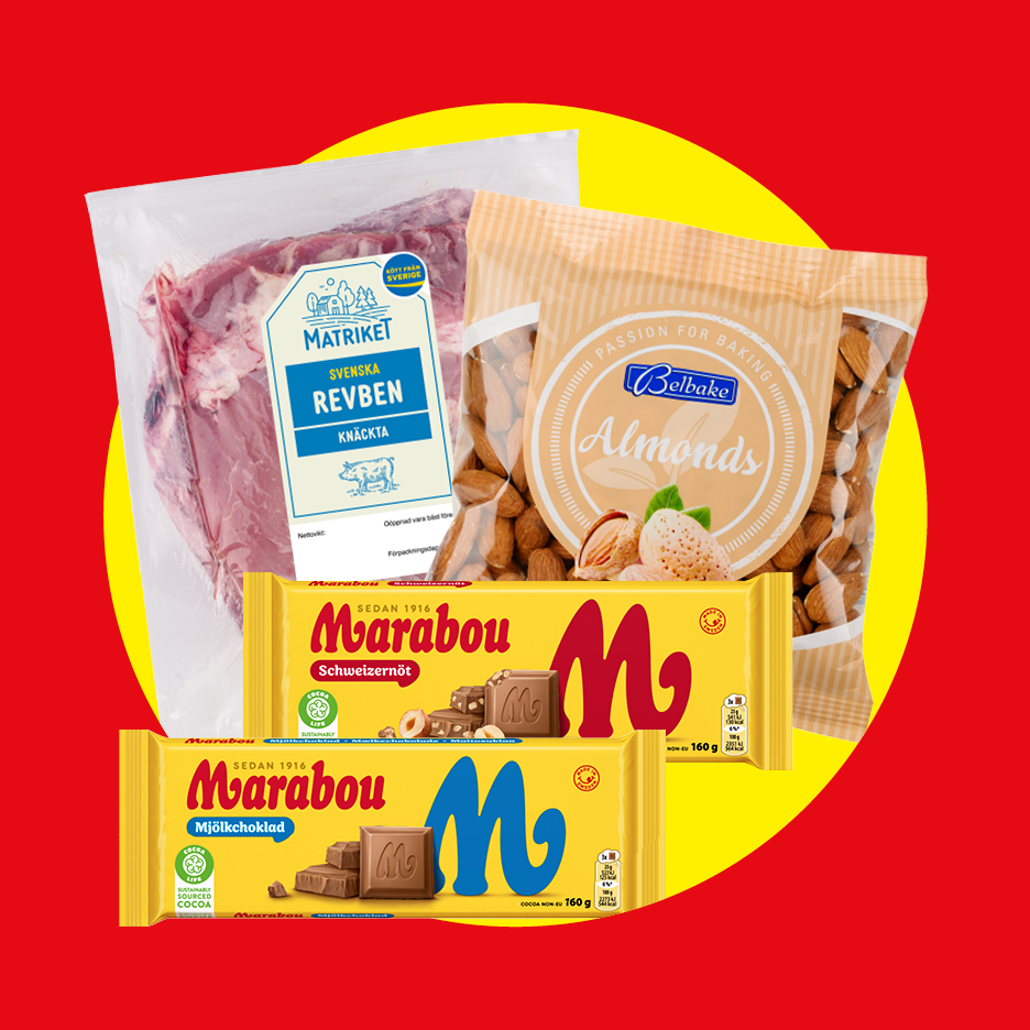 Swedish revben, mandlar och två chokladkakor med mjölkchoklad och schweizernöt.