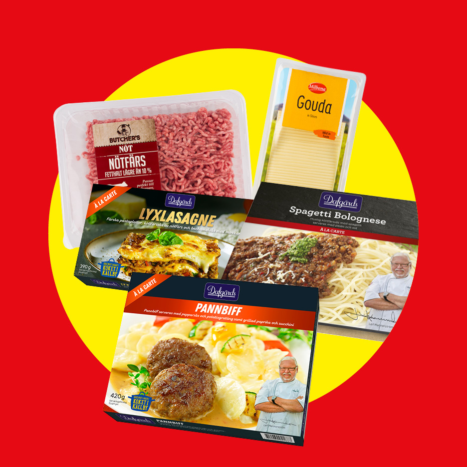 En bild som visar köttfärs, goudaost, lyxlasagne, spagetti bolognese och pannbiff.