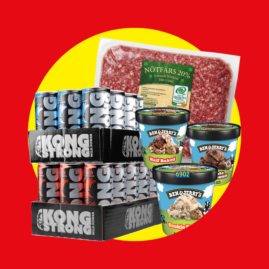 Förpackningar med energidryck, köttfärs och glass.