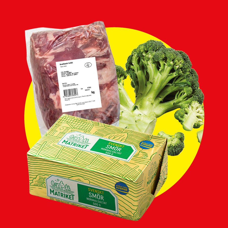 Rött kött, broccoli och smör med texten 'Svenskt Smör Normalsaltat 500 G' på en gul cirkel.