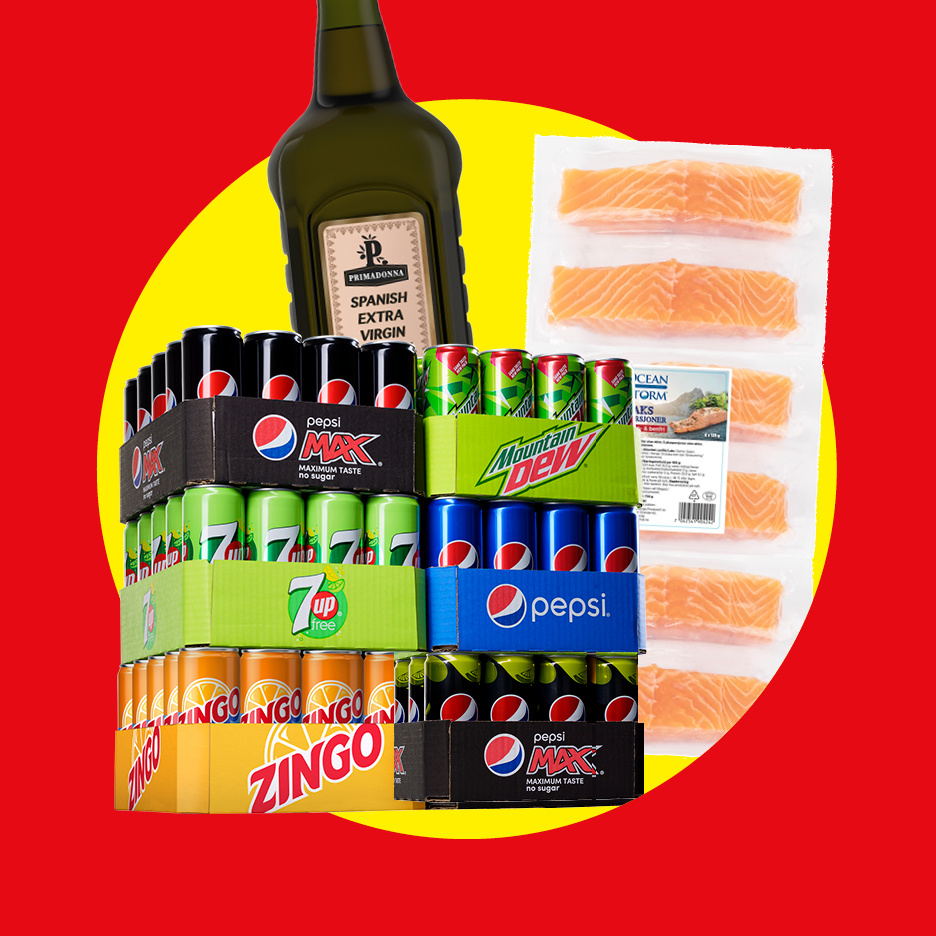 En flaska olivolja, läsk och laxfiléer på en röd och gul bakgrund.