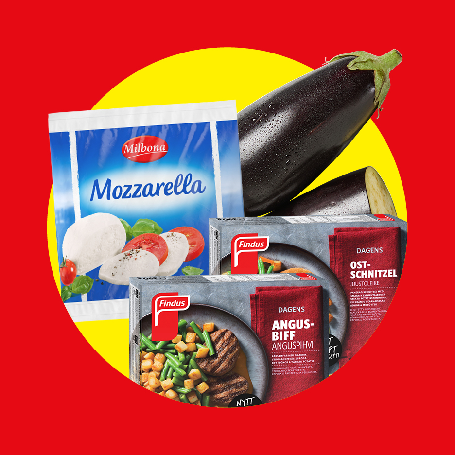 Mozzarella, frysta Angusbiffar och ostschnitzel med aubergine.