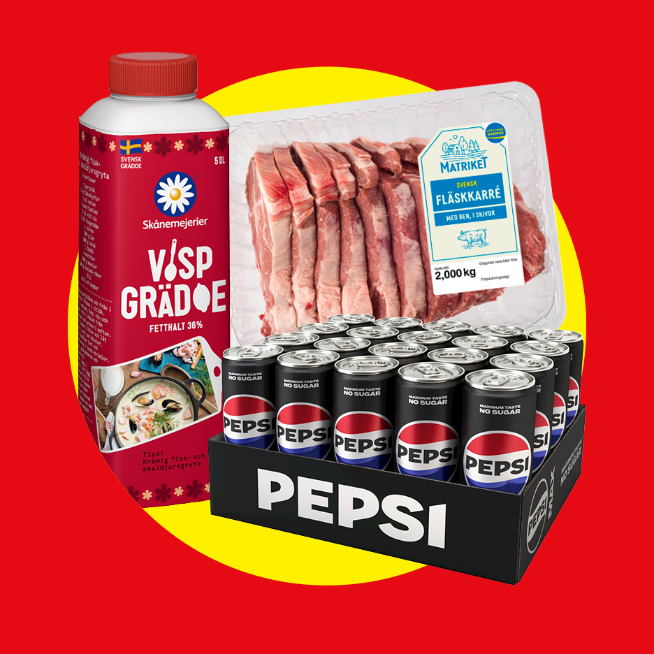 Vispgrädde, skivad fläskkarré och ett flak med läskburkar.