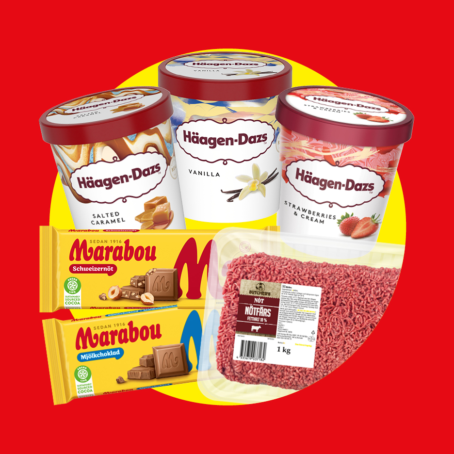 Tre glasspaket, två chokladkakor och ett paket nötfärs på röd bakgrund.