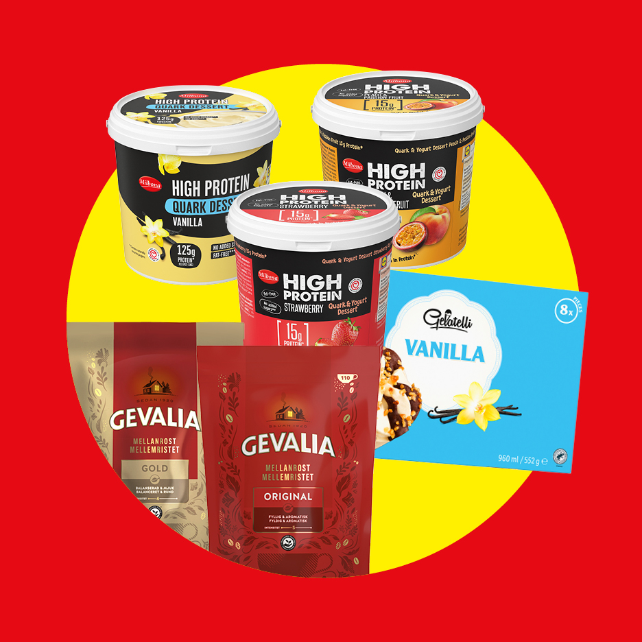 Olika högprotein kvarg- och yoghurtdesserter, kaffe och vaniljglass.