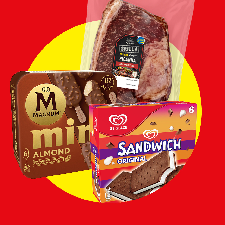 Förpackad picanha, glasspinnar och glassandwichar mot röd och gul bakgrund.