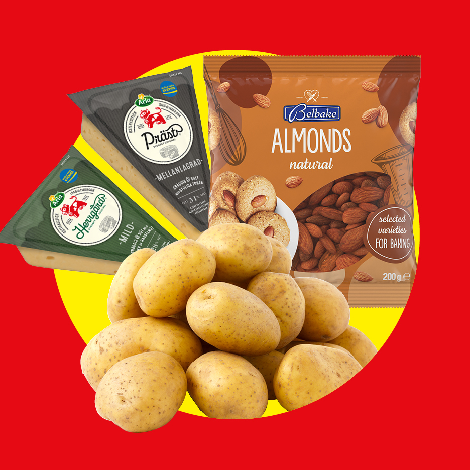 En bild med potatis, två ostar och en påse mandlar för bakning.