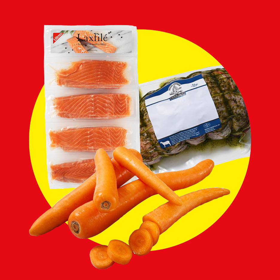 Laxfilé, marinerat kött och färska morötter mot en gul och röd bakgrund.
