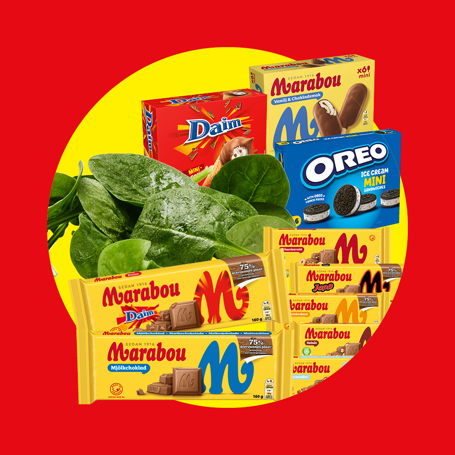 Ett urval av chokladkakor, glassförpackningar och färsk spenat mot en gul och röd bakgrund.