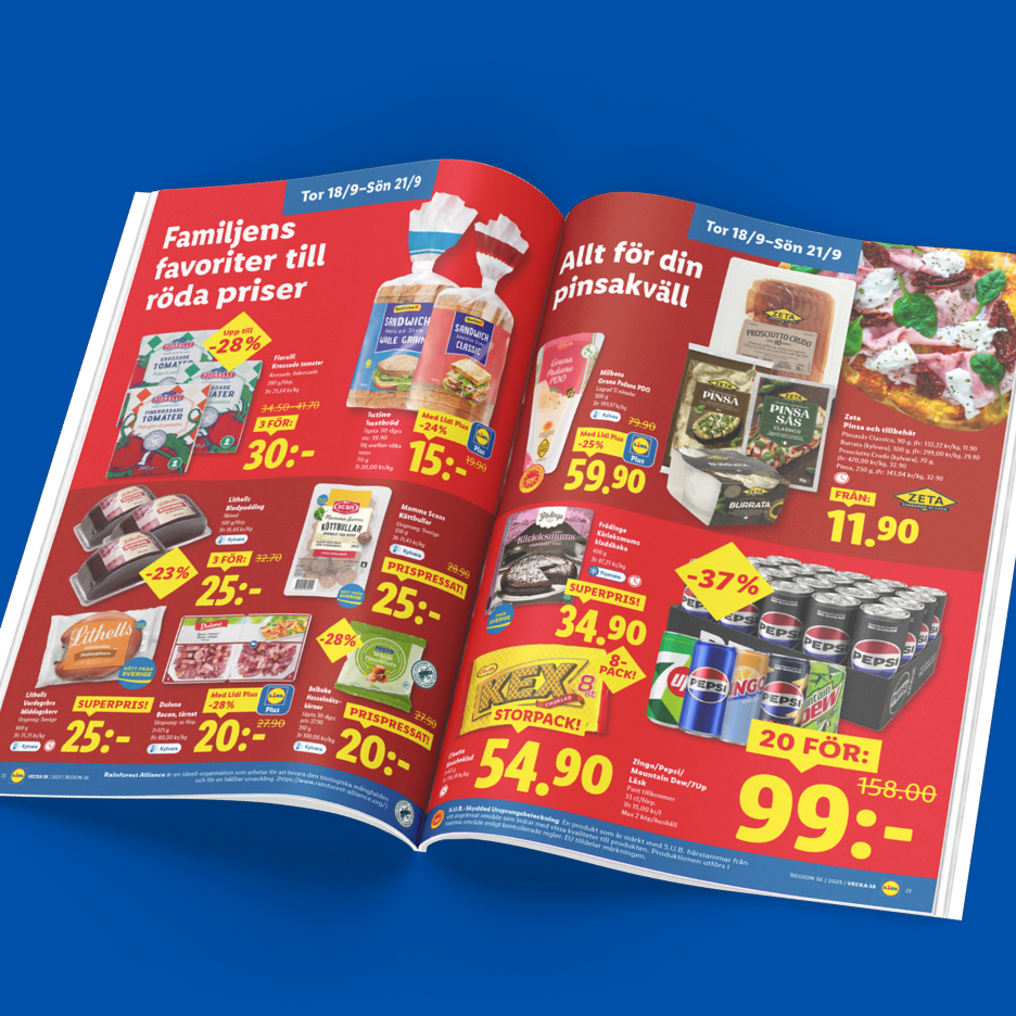 En tidningsannons med erbjudanden på matvaror som bröd, tomater, köttbullar, ost, pinsa och läsk.