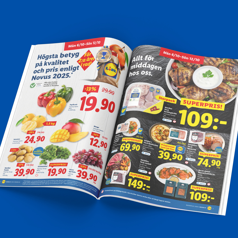Lidl-reklamblad med erbjudanden på frukt, grönsaker och köttprodukter.