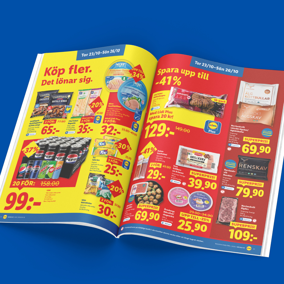 Lidl reklamblad med erbjudanden på köttbullar, älgskav, läsk, kycklingvingar och charkuterier.