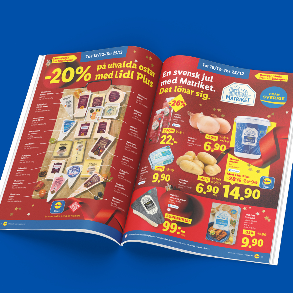 Lidl-reklam med 20% rabatt på utvalda ostar och erbjudanden på Matriket-produkter som lök, potatis och gräddfil.