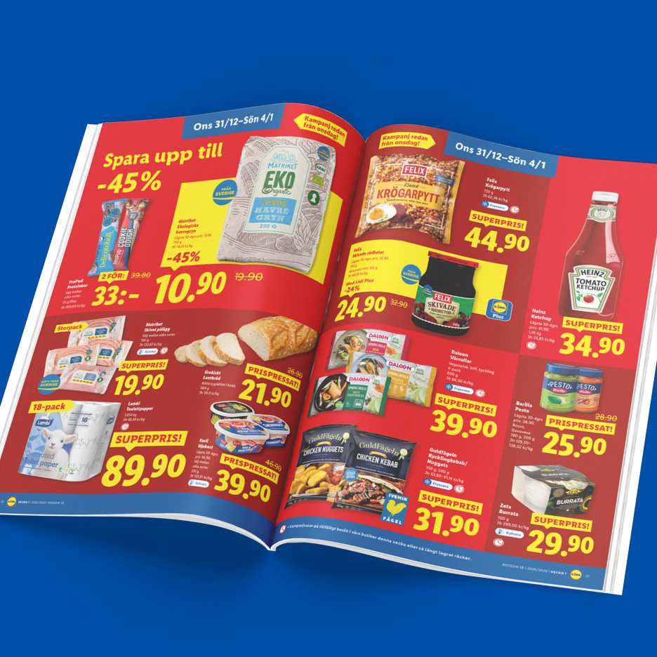 Lidl reklamblad med erbjudanden på livsmedel som havregryn, krögarpytt, ketchup och toalettpapper.