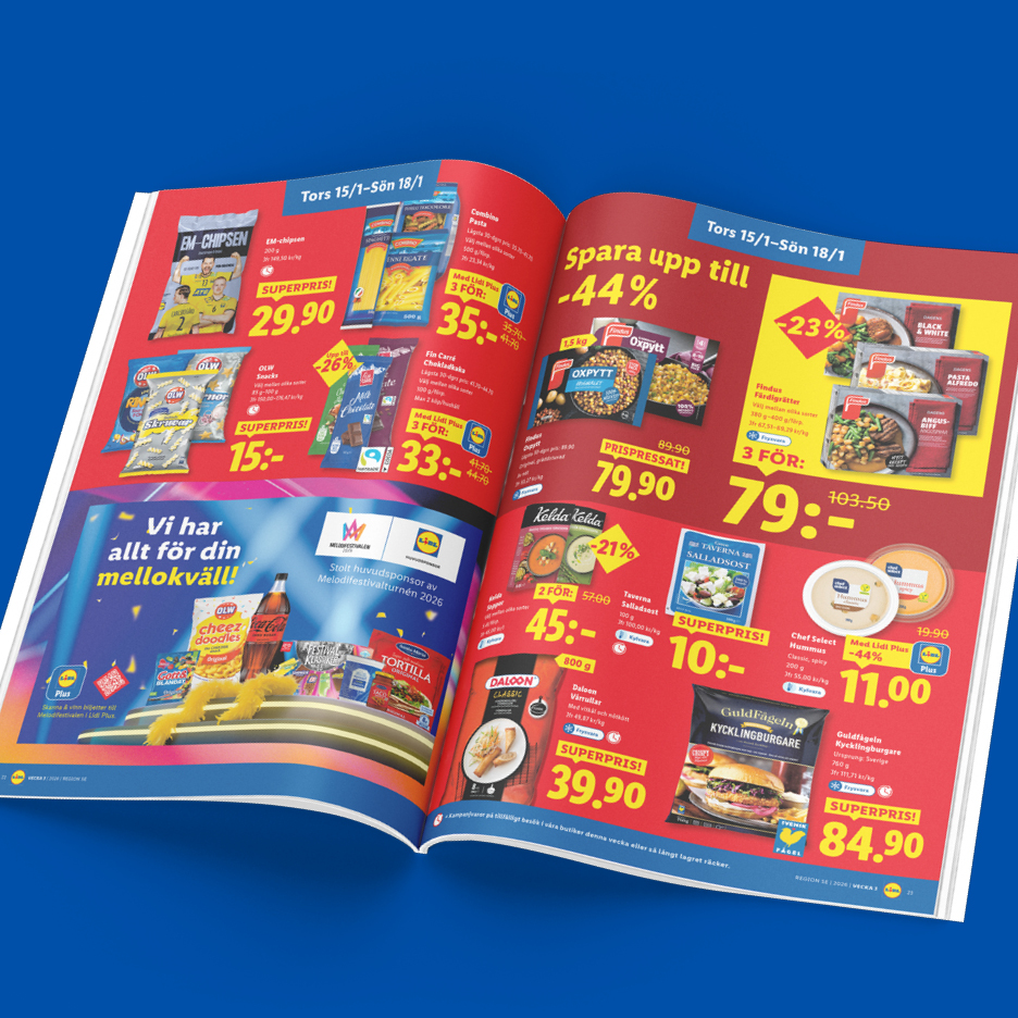 Lidl reklamblad med erbjudanden på snacks, pasta, färdigrätter och kycklingburgare.