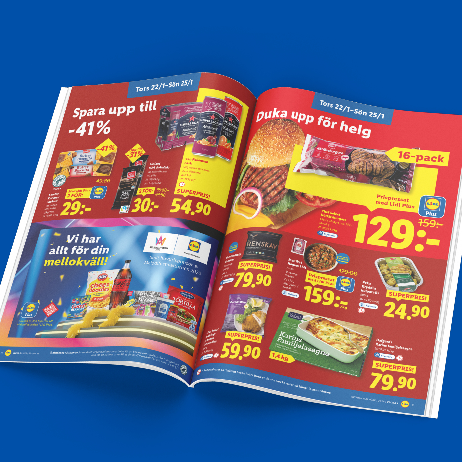 Lidl reklamblad med erbjudanden på hamburgare, läsk, choklad, kakor och snacks för Melodifestivalen.
