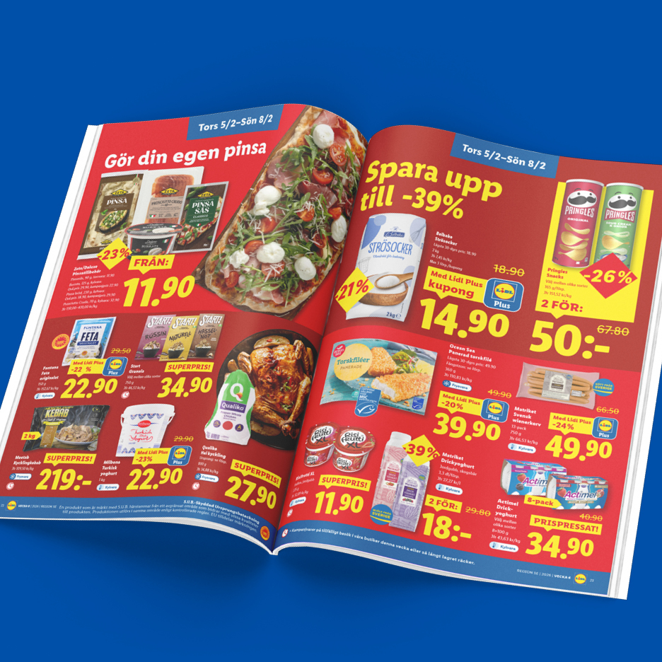 Lidl reklamblad med erbjudanden på pinsa, strösocker, Pringles, fetaost, kyckling och fisk.