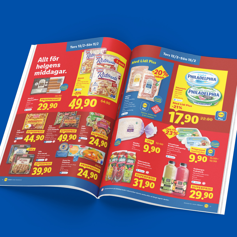 Ett reklamblad med erbjudanden på frysta pizzor, färdigrätter, pålägg och drycker.