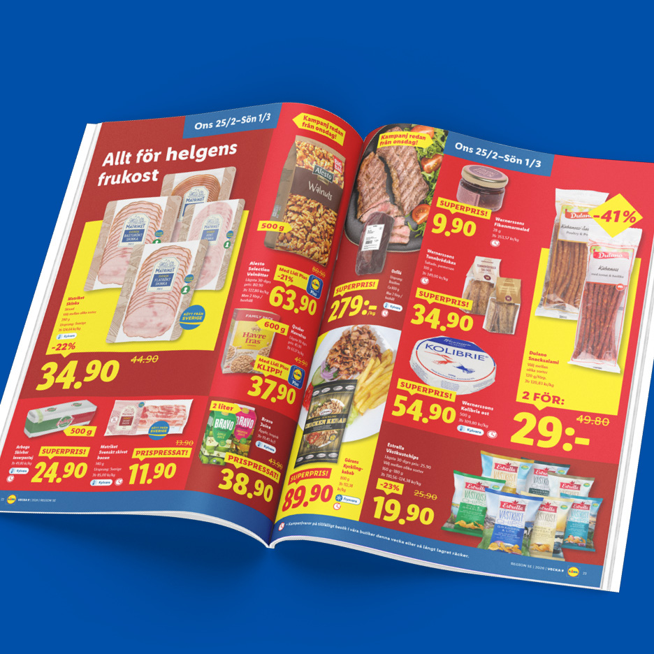 Lidl reklamblad med frukostvaror, nötter, kött, kex, marmelad, ost, salami och chips.