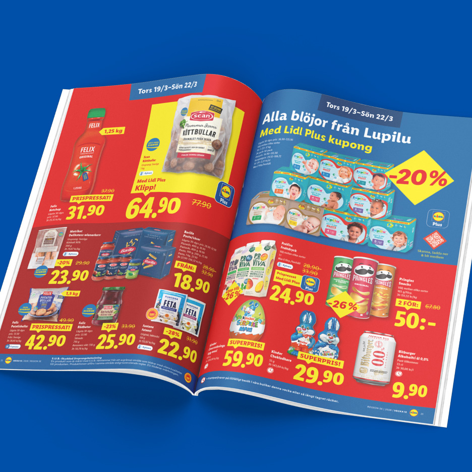Lidl reklamblad med erbjudanden på blöjor, ketchup, köttbullar, pasta, snacks och drycker.