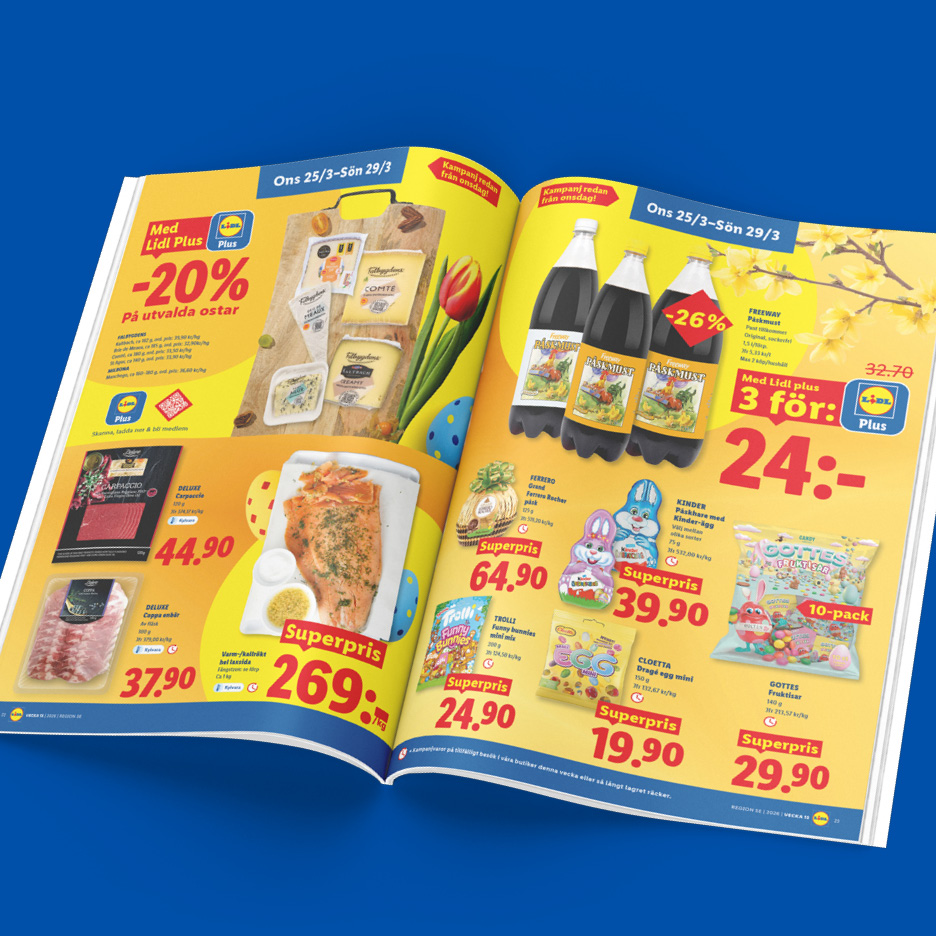 Lidl Plus-erbjudanden på ost, påskmust, lax, choklad och godis i en reklambroschyr.