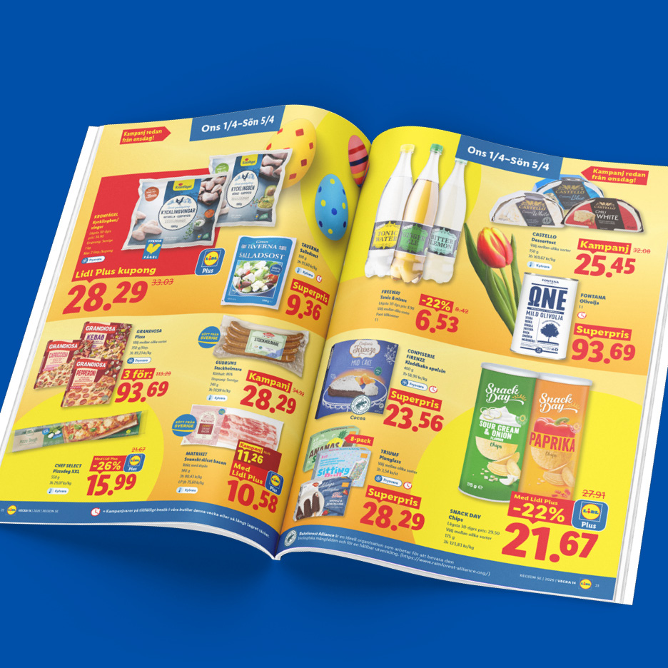 Lidl reklamblad med erbjudanden på kycklingvingar, pizza, salladsost, dryck, ost, olivolja, glass och chips.