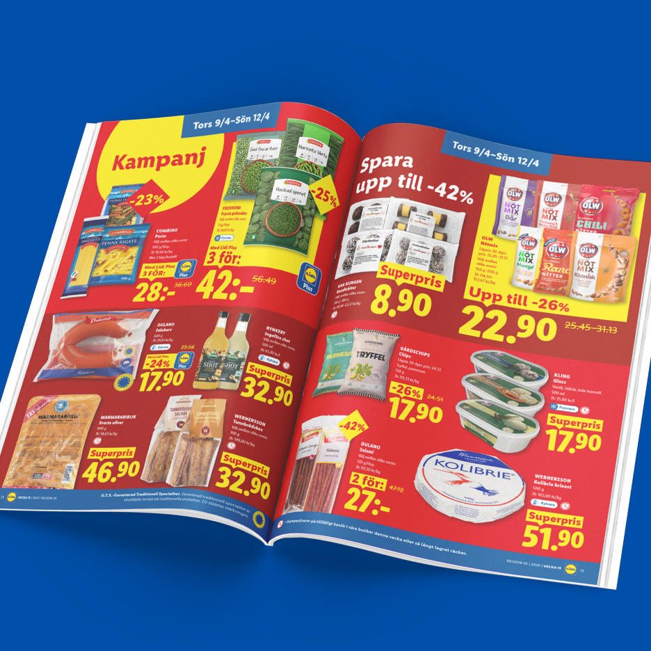 Lidl-reklamblad med erbjudanden på pasta, frysta grönsaker, chips, korv, oliver, kex och ost.