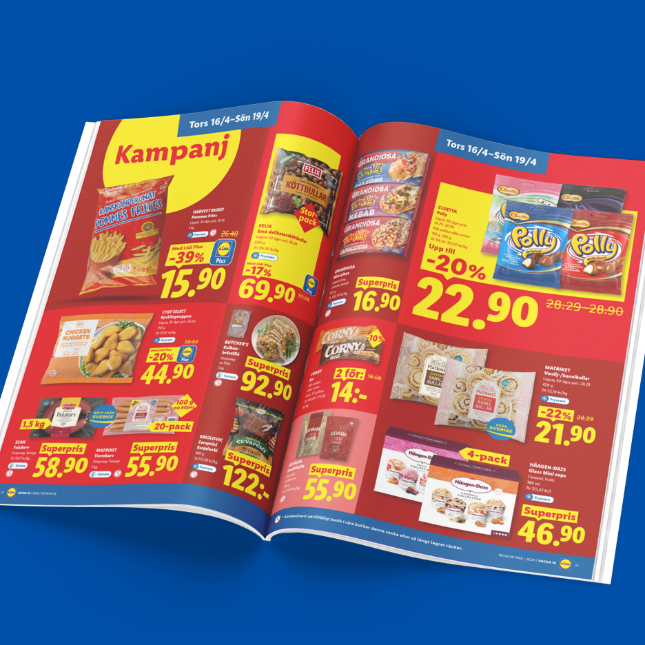 En reklambroschyr med erbjudanden på frysta pommes frites, köttbullar, pizzor, godis, kycklingnuggets och glass.