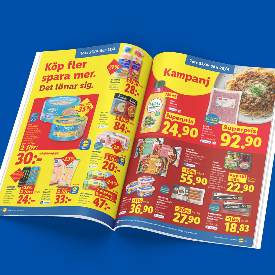Lidl reklamblad med kampanjpriser på köttfärs, matlagningsgrädde, tonfisk och bröd.