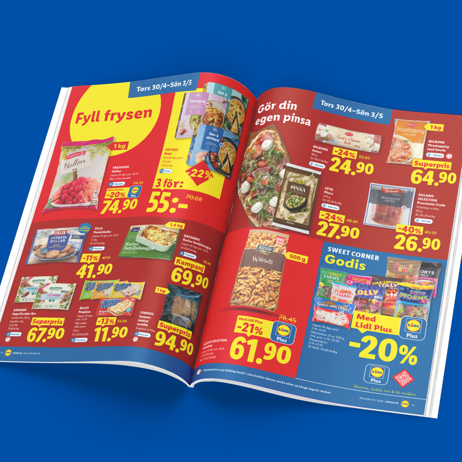 Ett uppslag med frysta varor och ingredienser för att göra egen pinsa, samt godis.