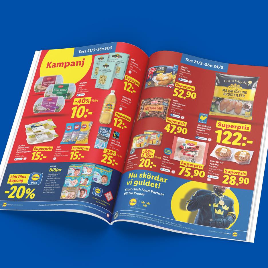 Lidl-reklamblad med erbjudanden på matvaror som fisk, kycklingfiléer, köttbullar, pasta och mejeriprodukter.