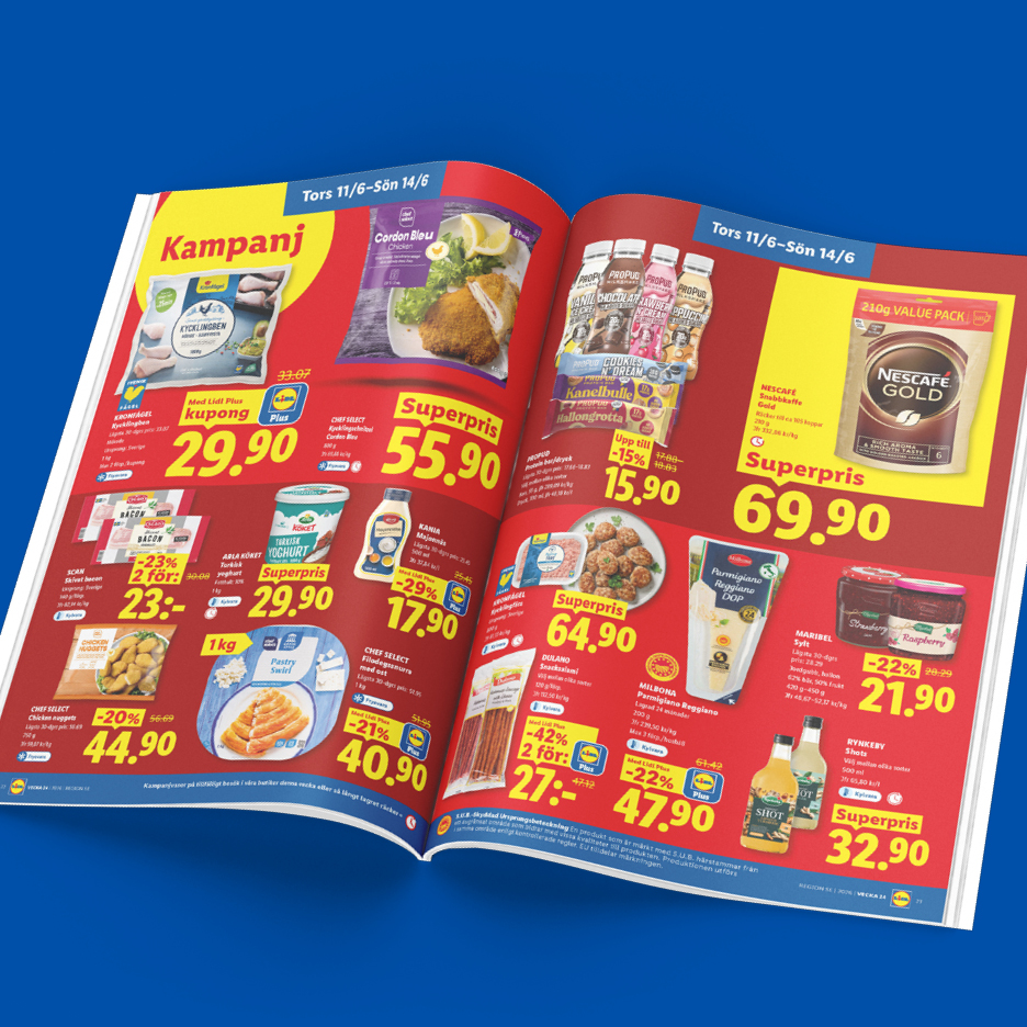Ett reklamblad med erbjudanden på kycklingben, cordon bleu, kaffe, yoghurt, majonnäs och sylt.