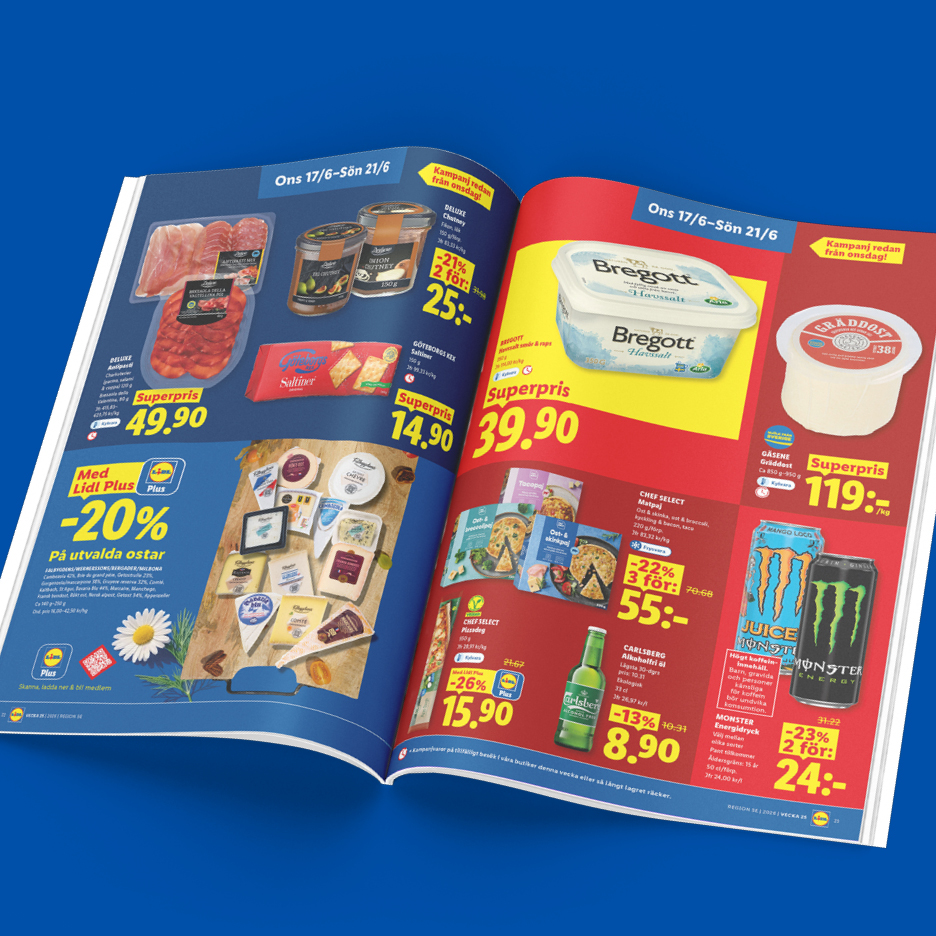 Lidl reklamblad med erbjudanden på smör, gräddost, charkuterier, kex, ostar, pizzor, alkoholfri öl och energidryck.